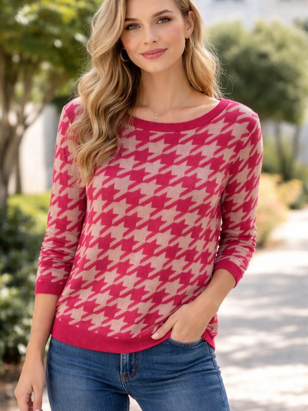 ANN TAYLOR Large Houndstooth Sweater Red Khaki Tan 3/4 Sleeve